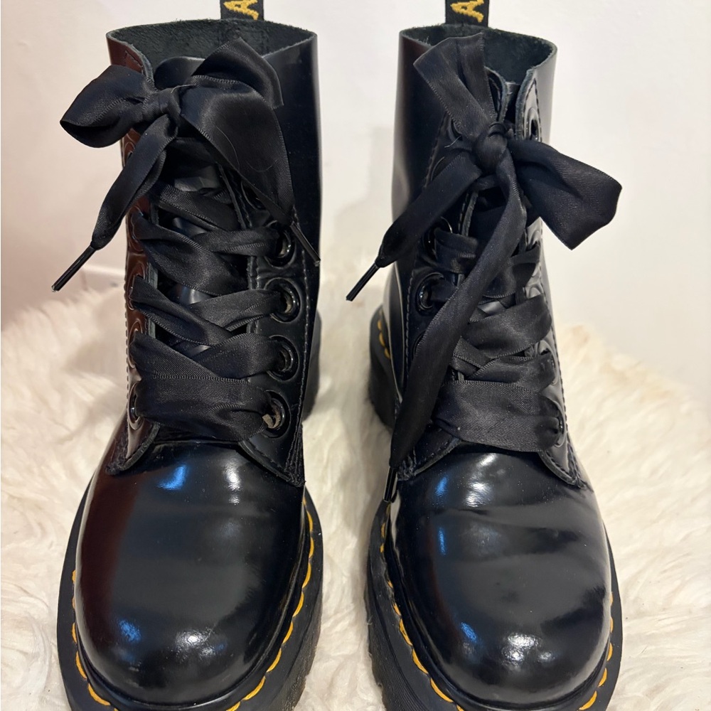 Dr. Martens Shiny Black Combat Boots with Ribbon Laces